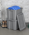 Built Tough Eighteen Gallon Storage Bin With Secure Snap Lid Heavy Duty Stackable Tote For Clutter Control, gray bins with blue blanket.