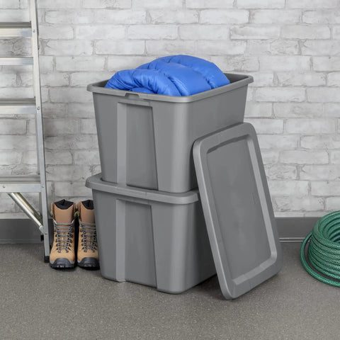 Built Tough Eighteen Gallon Storage Bin With Secure Snap Lid Heavy Duty Stackable Tote For Clutter Control, gray bins with blue blanket.