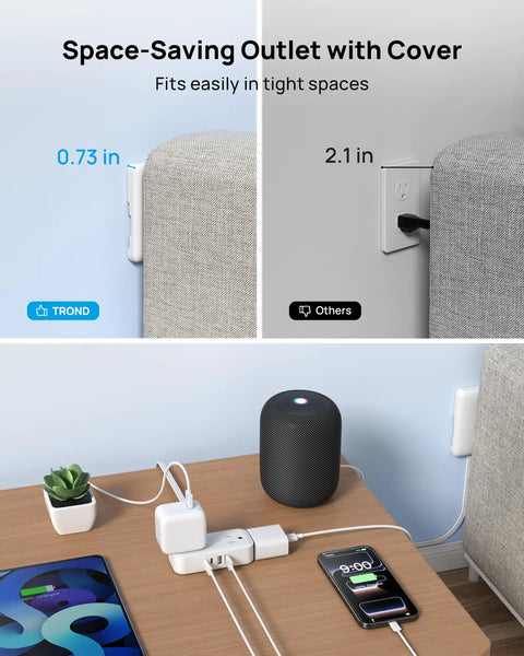3 Ft Flat Extension Cord With Ultra Thin Outlet Cover Slick Low Profile Plug in tight space behind sofa, powering devices.