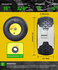 Two Pack 15x6.00-6 Tubeless Front Tire And Wheel Set For John Deere Riding Mowers With 3/4 In Bearings And 5/8 In Extras, 3 In Offset Hub, 4-Ply Heavy-Duty, Fits 100 And 300 Series, shown with size and bearing details