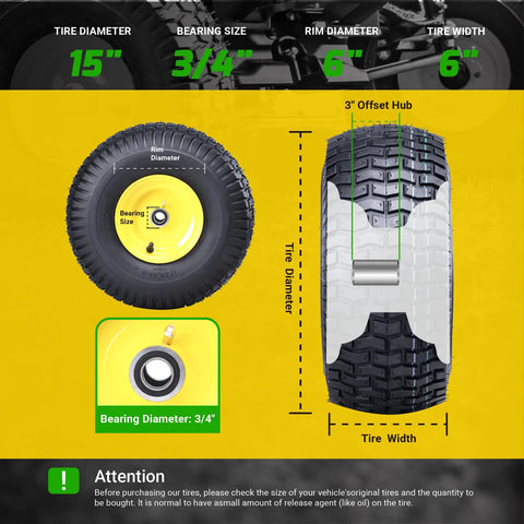 Two Pack 15x6.00-6 Tubeless Front Tire And Wheel Set For John Deere Riding Mowers With 3/4 In Bearings And 5/8 In Extras, 3 In Offset Hub, 4-Ply Heavy-Duty, Fits 100 And 300 Series, shown with size and bearing details