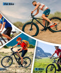 Collage of hydraulic disc brake set for mountain bikes: fat bike on sand, commuting bike, mountain bike, and e-bike in nature.