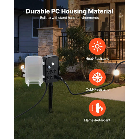 Heavy Duty Outdoor Power Stake With A Rock Solid 100 Ft Extension Cord Providing Six Rain Resistant Outlets For Christmas Lights Backyard Setup Grounded Reliable, showcasing durable PC housing.