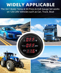 3-in-1 marine gauge kit with water temp, oil pressure, voltmeter for cars, trucks, boats, tractors in a scenic backdrop