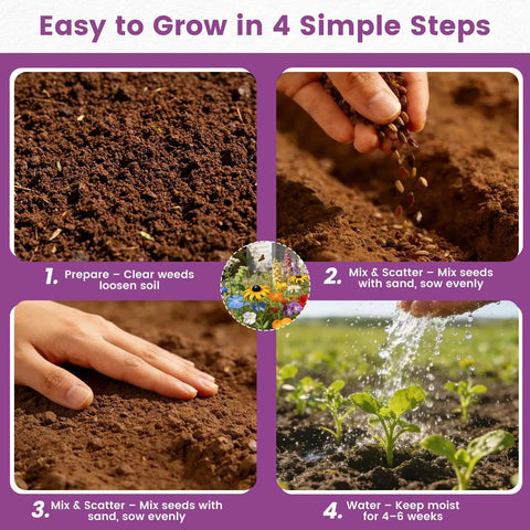 Step-by-step guide to planting American Meadow Magic Wildflower Seed Mix Bulk Pack 25 Varieties Non GMO Perennial and Annual Native Seeds.