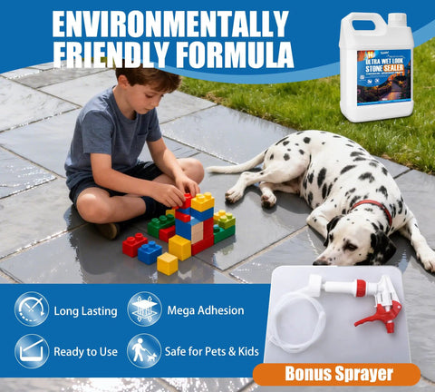 Top Shelf Wet Look Stone Sealer And Concrete Shield Comes With A Hassle Free Trigger Spray To Lay Down A Slick Coating On Driveways And Patios Enhances Natural Texture While Keeping Moisture Out Smoothly with child playing on sealed patio.