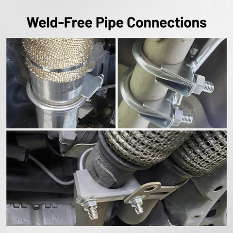 Heavy Duty 2.25 Inch U Bolt Exhaust Clamp Set For Your Ride Exhaust System in use on vehicle pipes, showcasing tight fit.