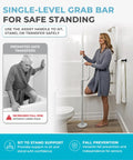 Woman using floor to ceiling grab bar with single handle, no drill tension mounted for fall prevention and support, bathroom setting.