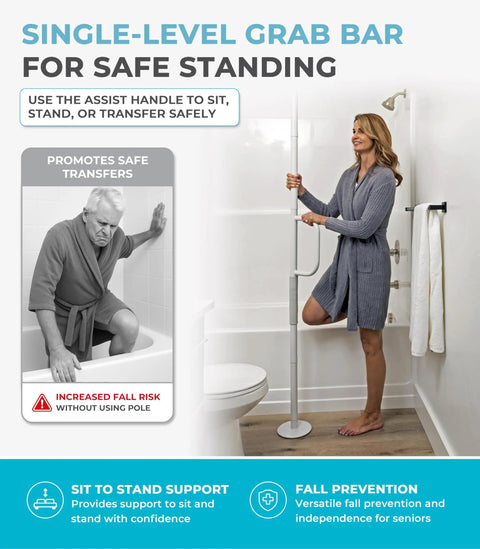 Woman using floor to ceiling grab bar with single handle, no drill tension mounted for fall prevention and support, bathroom setting.