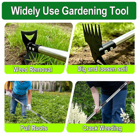 Stand Up Weed Puller Tool With 58 Inch Adjustable Handle shown with 2-in-1 weeder head performing various gardening tasks