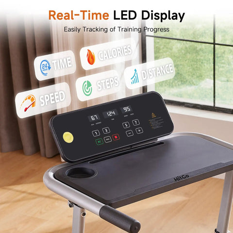 2 In 1 Folding Treadmill With Height Adjustable Desk For Home Office Use, Standalone Workout Machine Reaches Up To 8 MPH, controls view
