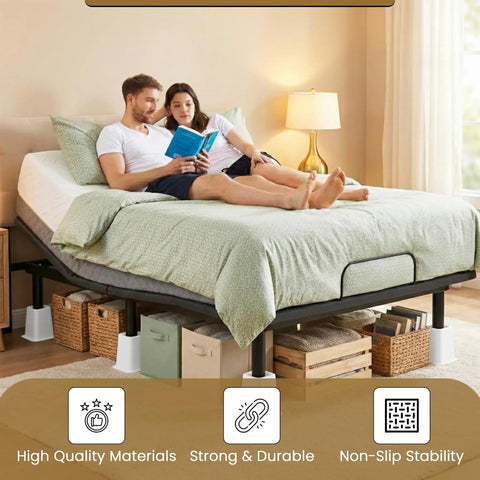 No Sweat Heavy Duty 6 Inch Bed Risers Set Of 4 White Stackable Furniture Boosters For Under Bed Storage Desk Sofa Lift With Steady Base And Boss Level Durability, couple reading on elevated bed.