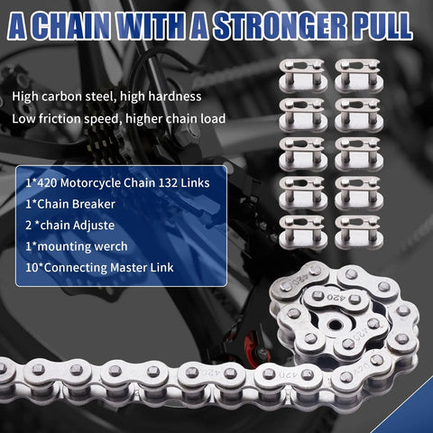 420 Motorcycle Chain With 132 Links And Chain Breaker Kit For 50cc To 212cc ATVs And Dirt Bikes displayed with tools