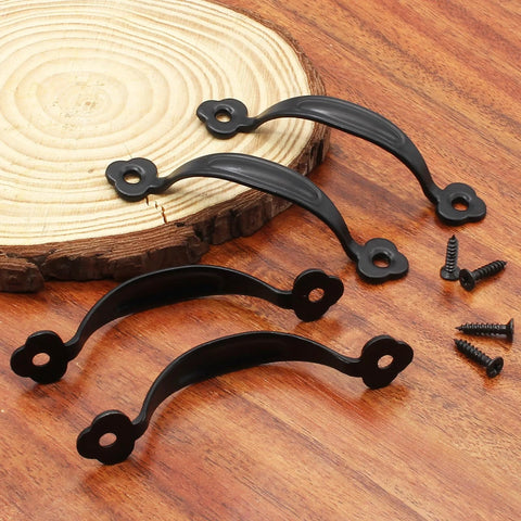 12 Pack Black Barn Door Handles Zinc Alloy Gate Pulls for cabinets or drawers with mounting screws included on a wooden surface.