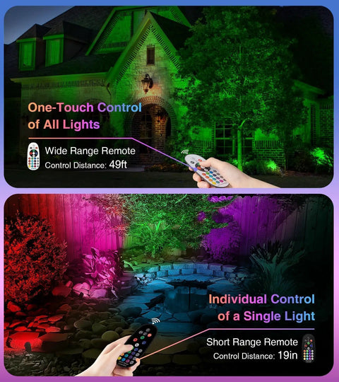 12W RGBW Lit Outdoor Landscape Lights with Remote controlling colorful garden lighting on house and patio, showing one-touch and individual control.