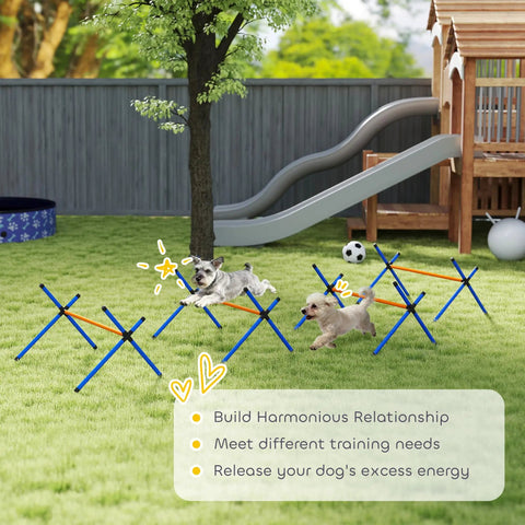 Dogs jumping over 4 Piece Dog Agility Course Set With Adjustable Height Hurdles in backyard, near a playhouse.