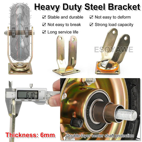 Set Of Four Heavy Duty Industrial Pneumatic Caster Wheels With Brakes Double Ball Bearing Swivel Casters Featuring Thick Shock Absorbing Rubber Tires, detail of steel bracket and tire.