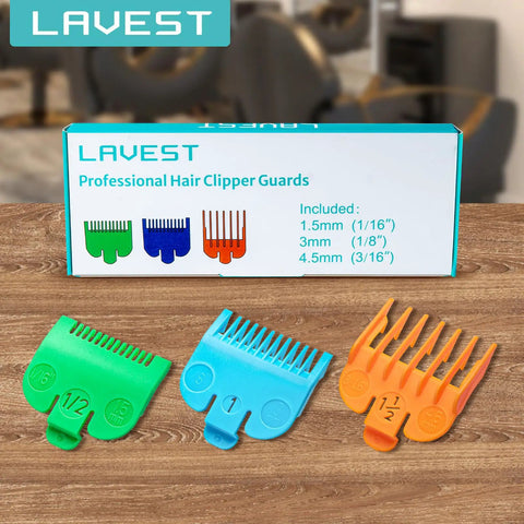Clipper Guard Set For Most Hair Clippers Replacement Guides Includes Three Guards In Sizes One Sixteenth, One Eighth, And Three Sixteenths Inches Color Coded With Random Colors For Quick Picks And Easy Swaps On Wahl Clipper Heads on wooden table
