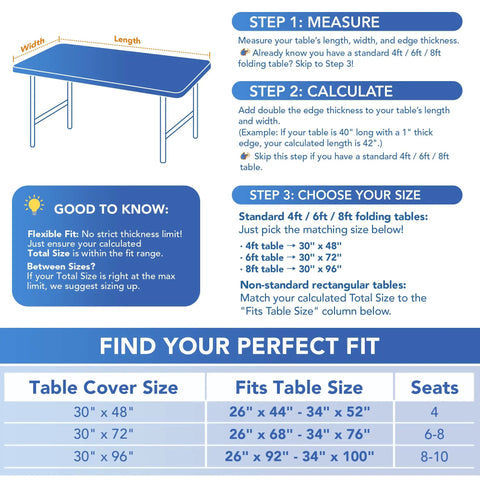 Guide for measuring and choosing Six Pack Fitted Tablecloth For 6 Foot Rectangular Tables Black Elastic Spandex Stretch Table Cover sizes.