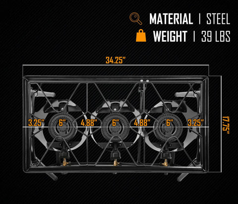 Top view of Three Burner Outdoor Propane Stove with Stand, Heavy Duty Cast Iron Burners, Weatherproof Coating, dimensions labeled