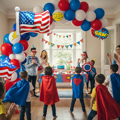 Party scene with Red White Blue Balloon Garland Kit 131PCS Patriotic Party Supplies For Fourth Of July Independence Day DIY Arch USA Flag Star Balloons With Balloon Tools And Accessories.