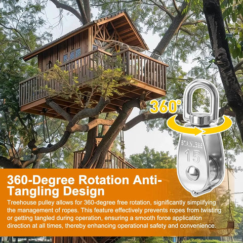 Heavy-Duty Treehouse Pulley System Kit With Dual Pulleys Nylon Rope Hooks Lifting Plates And Rope Cleat For Easy DIY Treehouse Lifts And Projects Ready To Use, stainless steel pulley, 360° rotation