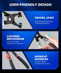 Front view of Orion Motor Tech 9-piece hose clamp pliers with swivel jaws and long reach, black non-slip handles.