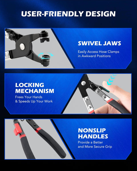 Front view of Orion Motor Tech 9-piece hose clamp pliers with swivel jaws and long reach, black non-slip handles.