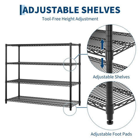 Heavy Duty Four Tier Wire Shelving Rack For Garage And Home Office Hella Sturdy Metal Storage Shelf showing adjustable shelves and foot pads.