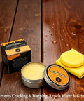 Premium Beeswax Wood Polish and Conditioner in a tin with a cloth, enhancing wood surfaces and preventing damage.