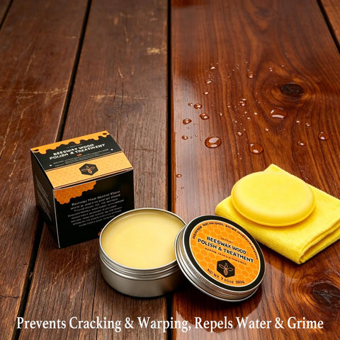 Premium Beeswax Wood Polish and Conditioner in a tin with a cloth, enhancing wood surfaces and preventing damage.