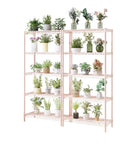 Professional Heavy Haul Five Tier Adjustable Wire Shelving Rack With Beefy Carbon Steel Frame And Drop In Leveling Feet For Kitchen Garage Pantry Setup Pink holding plants and flowers.