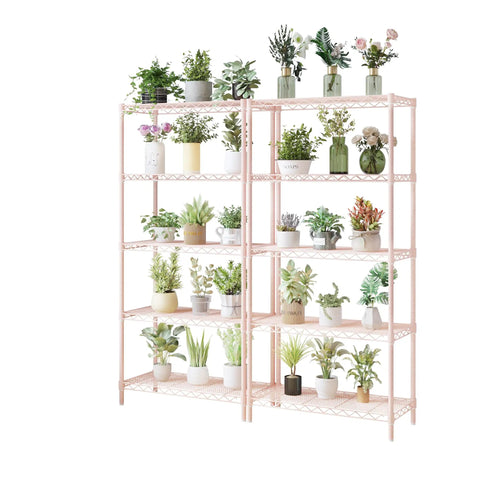 Professional Heavy Haul Five Tier Adjustable Wire Shelving Rack With Beefy Carbon Steel Frame And Drop In Leveling Feet For Kitchen Garage Pantry Setup Pink holding plants and flowers.