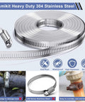 Front view of a coiled stainless steel hose clamp roll (50 ft) with worm-drive band for automotive plumbing.