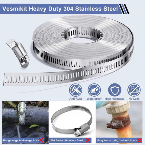 Front view of a coiled stainless steel hose clamp roll (50 ft) with worm-drive band for automotive plumbing.