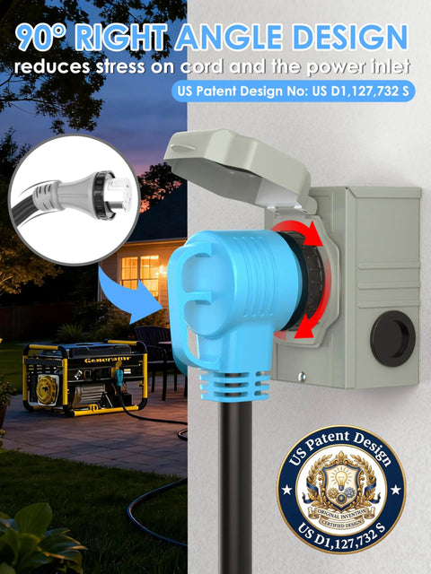 Heavy Duty 50 Amp Rv Generator Cord 100 Ft Power Extension Cable with right angle plug connected to power inlet.