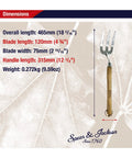 Dimensions and specifications of Stainless Steel Hand Weeder Fork for easy weeding and soil aeration, showing ergonomic handle.