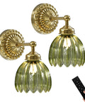 Totally Classic Battery Operated Wall Sconces Set Features Green Tulip Glass And Gold Metal Frame with remote control.