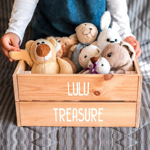 Child holding wooden box labeled 'Lulu Treasure' with stuffed animals inside on a patterned background.