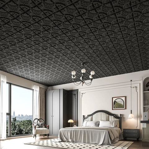 Black 2x2 Drop Ceiling Tiles For Glue Up Install In Standard Fifteen Sixteenth Inch Grids Slick Classic Style Lightweight PVC Panels