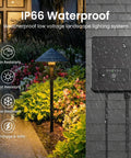 All In One Low Voltage Landscape Lighting Kit With Twelve 5W Pathway Lights And A 96W Transformer For Outdoor Yards Patios And Walkways 2700K Warm White IP66 Waterproof 12 To 24 Volt System showing durability features.
