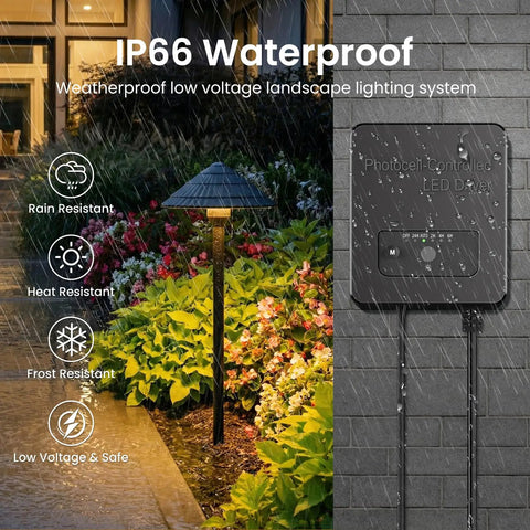 All In One Low Voltage Landscape Lighting Kit With Twelve 5W Pathway Lights And A 96W Transformer For Outdoor Yards Patios And Walkways 2700K Warm White IP66 Waterproof 12 To 24 Volt System showing durability features.