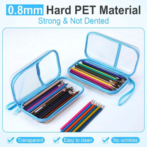 Top Shelf Four Pack Clear Hard Shell Zipper Cases In Vibrant Blue Durable Plastic Travel Pouches holding colored pencils.