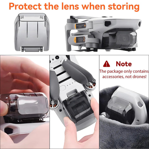 DJI Mini 2 Series Drone Accessories Kit with gimbal cover and lens shield, showing protection for Mini 2 SE and Mini 2 cameras.