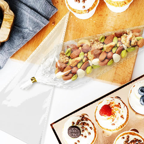 Cone Shaped OPP Treat Bags Pack Of 500, Heat Resistant And Stable Cone Design filled with nuts and sweets, perfect for parties.