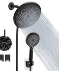 8.5 Inch Matte Black Shower Head With Handheld Spray Combo, dual rain shower head with hose, in use with water flow visible