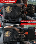 Rhino Rescue car IFAK trauma kit with MOLLE pouch mounted on vehicle seat, black tactical pouch, red pull tab and rescue emblem