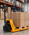 Heavy Duty Electric Pallet Jack 3300 Lbs Capacity 45X27 Forks Lithium Battery Powered Stand Up Walkie transporting wrapped boxes in a warehouse.