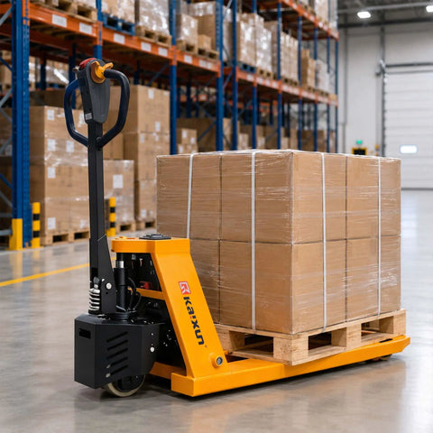 Heavy Duty Electric Pallet Jack 3300 Lbs Capacity 45X27 Forks Lithium Battery Powered Stand Up Walkie transporting wrapped boxes in a warehouse.