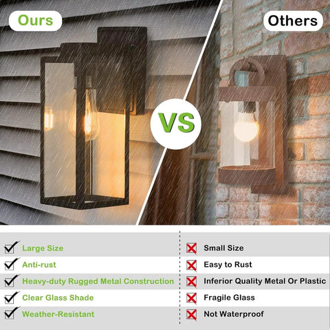 Comparison of 16 Inch Outdoor Wall Lantern Dusk To Dawn Sconce Waterproof Exterior Lighting Anti Rust Matte Black versus competitor lantern.